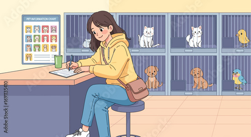 Cartoon depiction of a woman adopting a pet at a shelter or animal rescue center