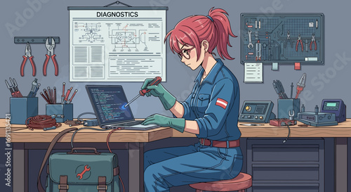 Anime-style mechanic, troubleshooting computer issue with tools and diagram backdrop