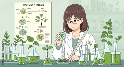 Cartoon scientist analyzing plant growth and photosynthesis in laboratory setting for research and