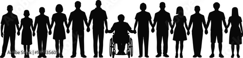 Silhouette of diverse group holding hands, including person in wheelchair, unity, inclusion, teamwork, support, equality, human connection, community, disability awareness, togetherness concept