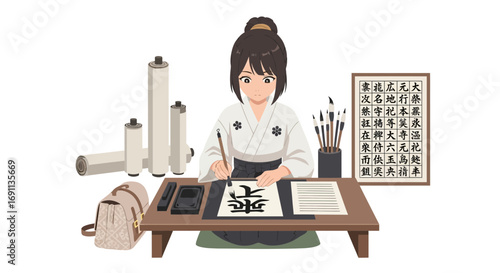 Illustration of a Japanese Woman Practicing Traditional Calligraphy Art with Focused Attention