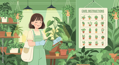 Illustration of a smiling woman watering plants in a cozy indoor garden scene