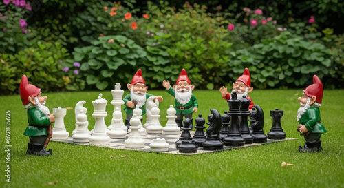 Garden gnomes playing chess in a vibrant green garden landscape setting whimsical scene