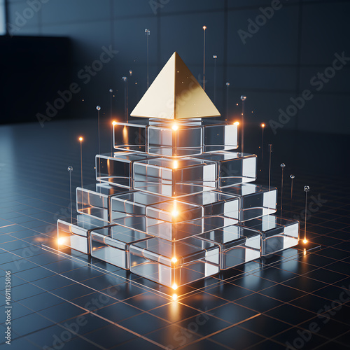 Abstract golden pyramid rises above crystal cubes illuminated by glowing orange lights on dark textured surface