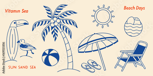 set of summer beach vector icons. featuring palm tree, umbrella, sun, boat, soccer ball, beach show, chair etc