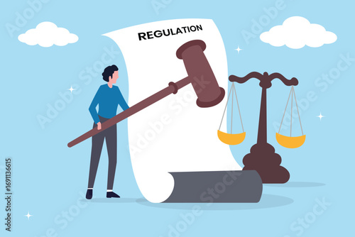 Man hold gavel with scale and regulation document, hand holding a hammer. Regulations, law or rules, authority, legislation or government lawsuit,  verdict or punishment concept. Vector illustration.