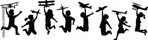 Silhouette of happy children jumping, playing with toy airplanes, joyful movement, childhood freedom, flying dreams, active kids, aviation imagination, outdoor fun moments