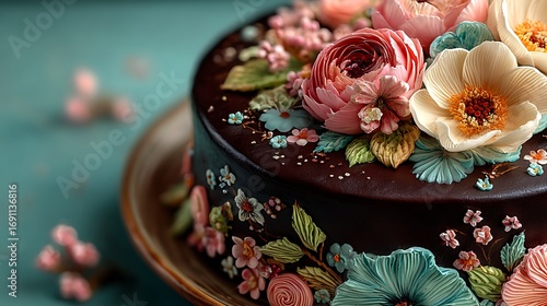 Elegant chocolate cake decorated with blooms high resolution picture