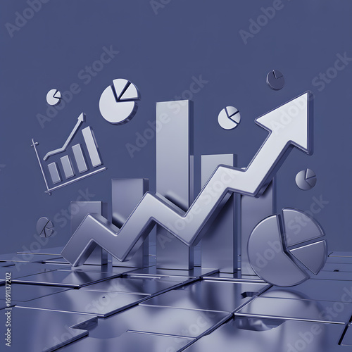3d business growth chart with upward arrow bar graphs and pie charts symbolizing financial success and market analysis
