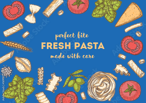Traditional Italian pasta. Italian food. Staple food. Hand drawn vector illustration. Background for packaging, menu. Top view. Not AI