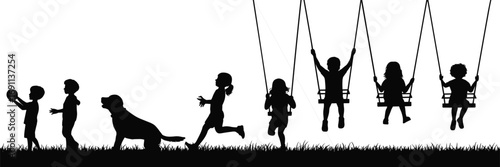Silhouette of kids playing in park, children on swings and running with dog, outdoor fun, childhood activity, black figures on grass