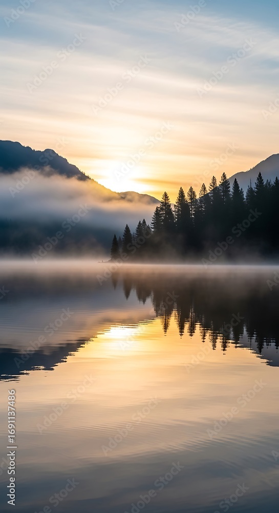 custom made wallpaper toronto digitalSerene Sunrise Over Misty Mountain Lake.