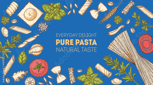 Traditional Italian pasta. Italian food. Staple food. Hand drawn vector illustration. Background for packaging, menu. Top view. Not AI