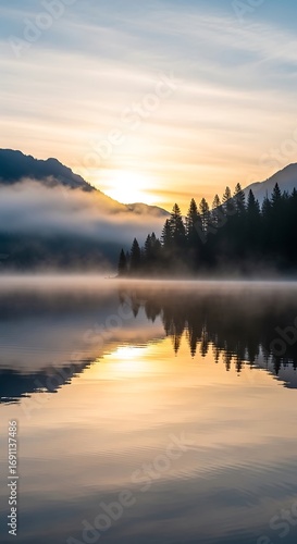 Wallpaper Mural Serene Sunrise Over Misty Mountain Lake. Torontodigital.ca