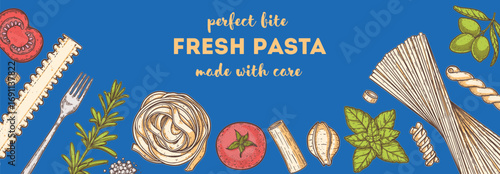 Traditional Italian pasta. Italian food. Staple food. Hand drawn vector illustration. Background for packaging, menu. Top view. Not AI