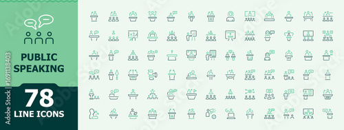 Public Speaking colorful linear icon set. It contains symbols to orator, speaking, debate, speaker, speech and more. Simple line vector icons. Public icon set. Editable stroke. Vector illustration.