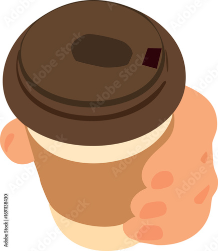 hand holding takeaway coffee cup with brown lid and sleeve top view.