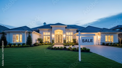 Luxury modern house with illuminated windows and a 'For Sale' sign on a well-maintained lawn at dusk