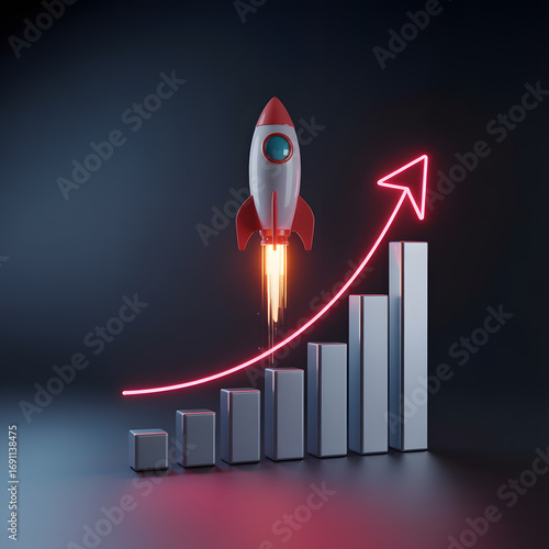 Rocket launching upward over a growing bar chart symbolizing rapid business growth and financial success