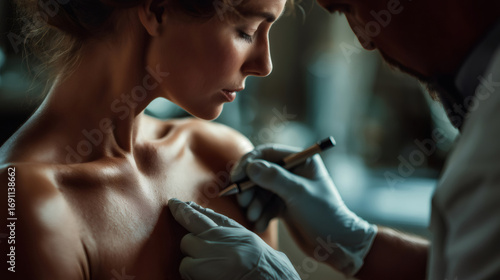 Dermatologist wearing gloves, using a dermatoscope to examine the skin of a young woman for potential skin cancer or other dermatological conditions in a clinical setting