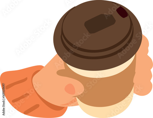 hand holding takeaway coffee cup with brown lid and sleeve top view.