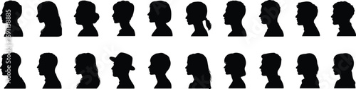 Silhouette photographer collection with camera, tripod, professional photography poses, creative people working, artistic black shadow illustration, modern studio shooting concept design