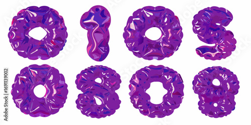Collection of realistic purple jelly numbers zero one two three eight nine on a white background