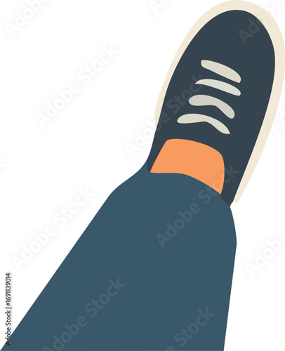shows a close-up of a foot wearing a dark sneaker with white laces and a blue pant leg.