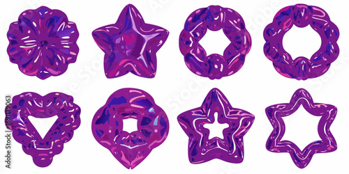Collection of eight shiny purple jelly candies in various shapes including stars hearts and floral designs
