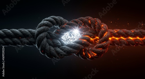 Two different ropes, one of stone and one of lava, are tied into a knot made of glowing diamond. A metaphor for an unbreakable bond or partnership. 