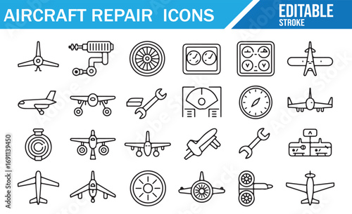 Black-and-white set of aircraft repair icons, ideal for aviation service and airplane repair visuals