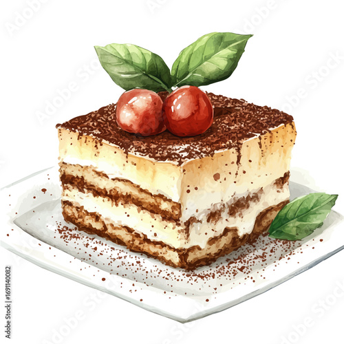 watercolor vector of Tiramisu, isolated on a white background.