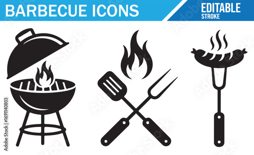 Simple line art of BBQ tools and grilled food, perfect for summer outdoor cooking designs