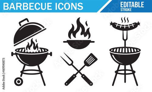 Collection of line icons representing barbecue tools, including grill, forks, and grilled sausages