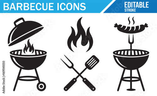 Hand-drawn illustration of a barbecue grill, utensils, and sausages, ideal for food and cooking content