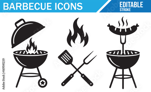 Line art illustration of barbecue icons, featuring grills, utensils, and grilling sausages