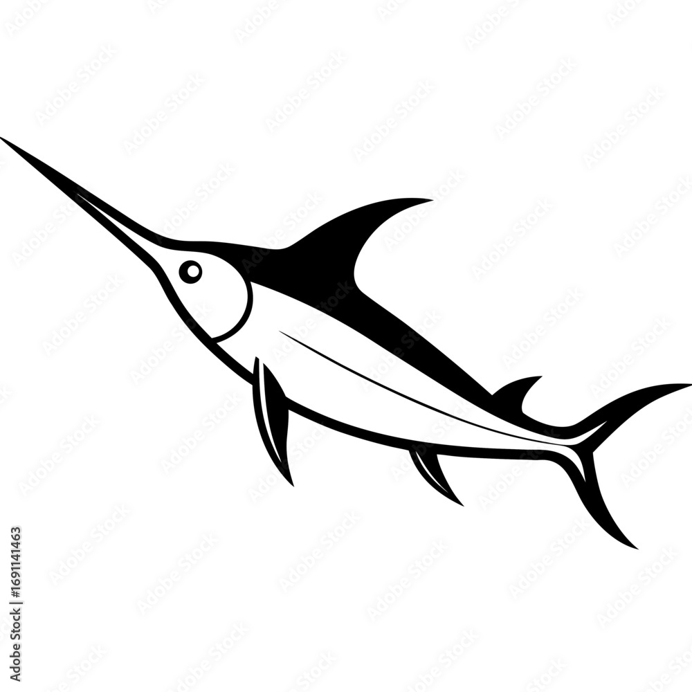 Fototapeta premium Swordfish outline vector, a modern swordfish icon art design, black vector of swordfish, simple swordfish art, swordfish isolated