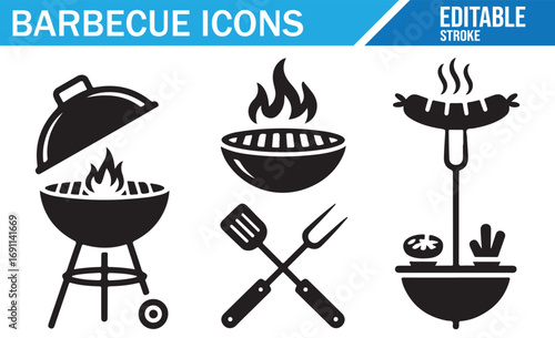 A black and white line art illustration of barbecue icons, including a grill with flames, cooking utensils, and sausages, ideal for food, cooking, or outdoor event-related content.