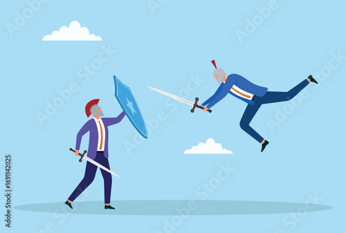 Vector illustration of two businessmen fighting with swords, one using a shield for protection, symbolizing defense, strategy, and resilience in business conflicts
