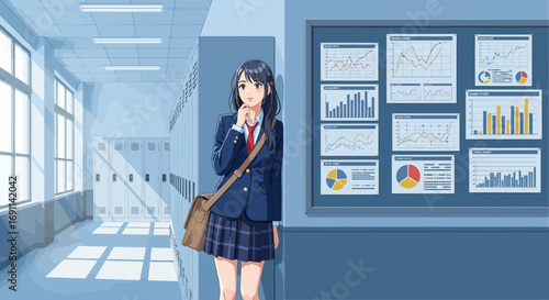 Anime-Style Illustration of a Student Analyzing Charts and Graphs in School Hallway Setting