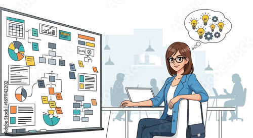 Cartoon woman developing business ideas with charts and diagrams in the office space