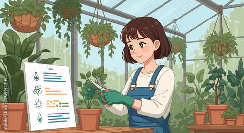 Cartoon woman tending to plants in a bright greenhouse surrounded by hanging baskets and potted