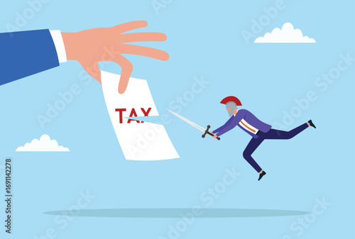 Vector illustration of a businessman jumping with a sword and cutting tax documents, symbolizing victory over taxes and financial freedom
