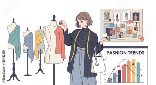 Illustration of a fashion designer working on a garment with mannequins and trend board fashion