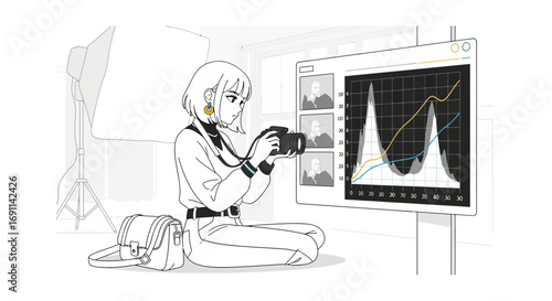Illustration of a photographer woman with camera checking editing software in studio