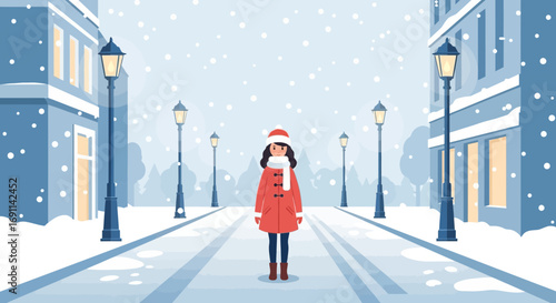 Illustration of a woman walking in a snowy city street during winter season holiday scene