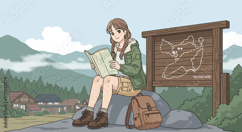 Illustration of a woman hiking checking a map near a wooden trail marker sign outdoor adventure