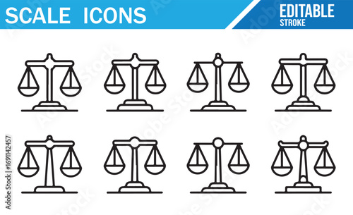 Detailed black-and-white icons of justice scales, ideal for legal and courtroom-themed content