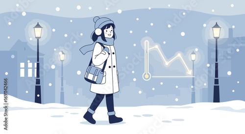 Illustration of a woman walking in a snowy city with a falling temperature graph during winter