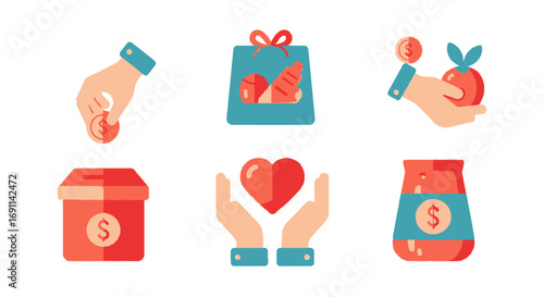 Illustration depicting charity and donation concepts: giving money, food, and support with hands and symbols.
